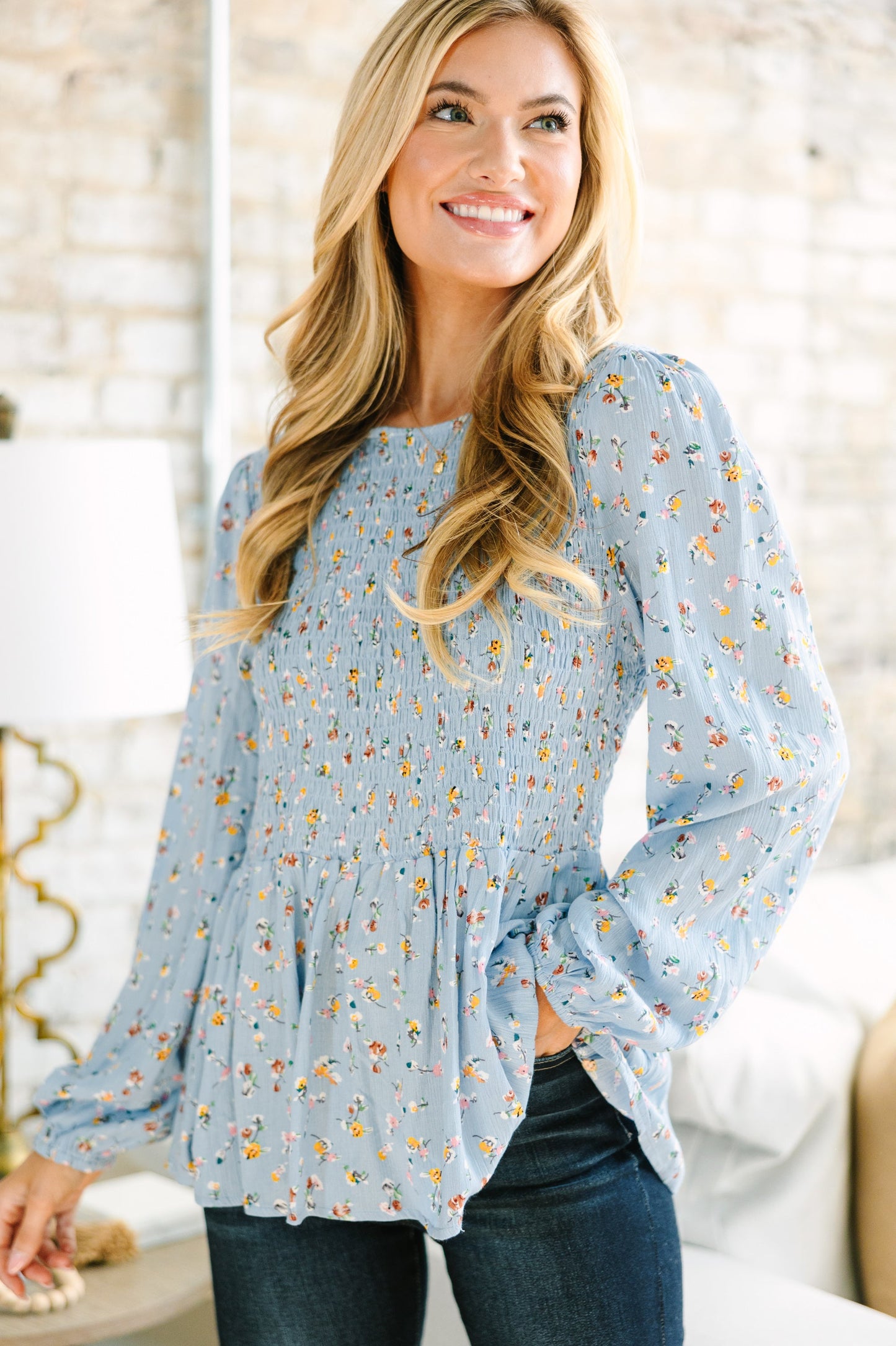 Getting Close Light Blue Ditsy Floral Blouse