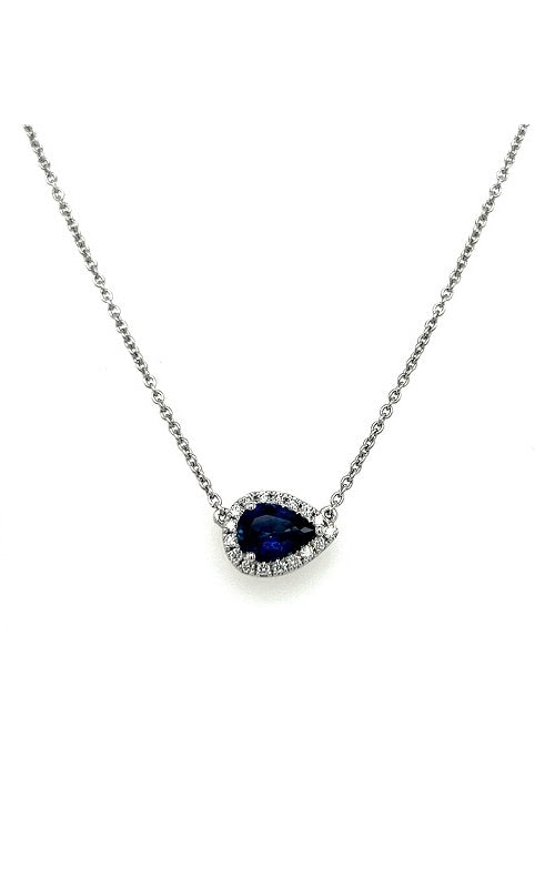 18K WHITE GOLD SAPPHIRE PENDANT WITH DIAMOND HALO  G13405