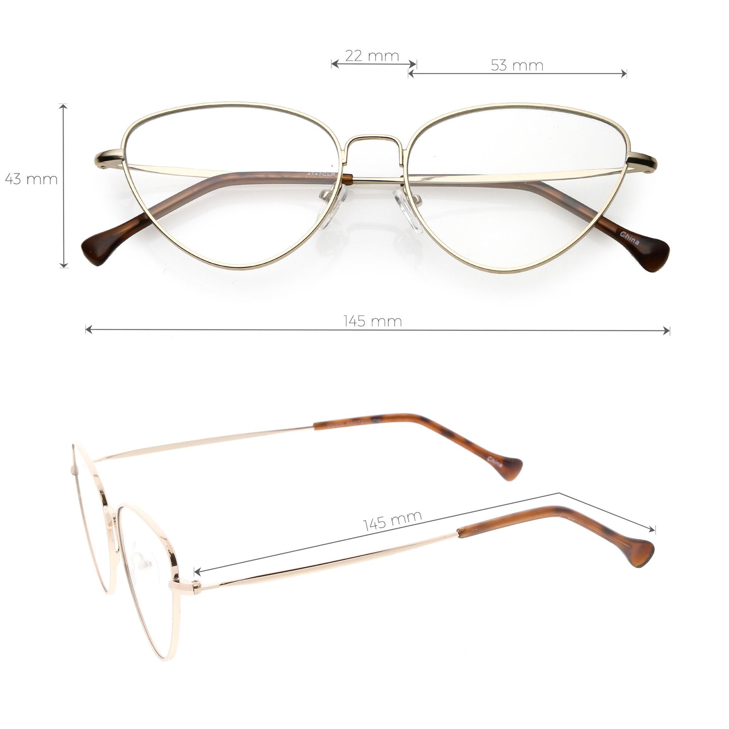 Women's Slim Metal Wire Clear Flat Lens Cat Eye Glasses C599