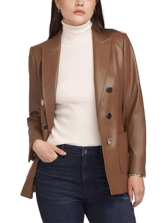 Womens Faux Leather Notch Collar Open-Front Blazer