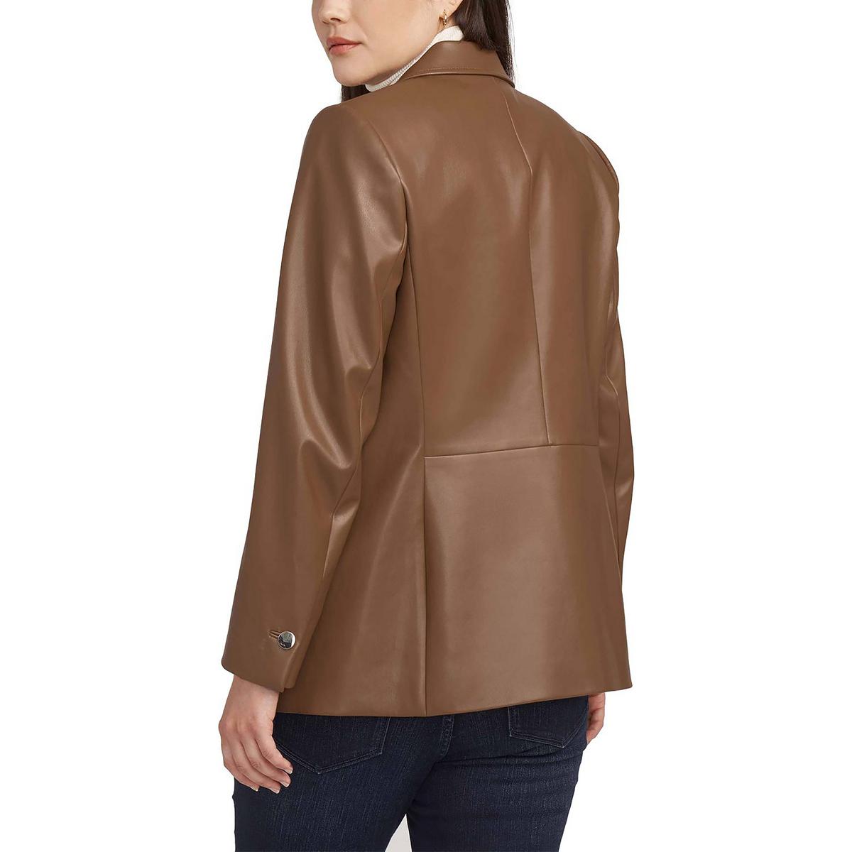 Womens Faux Leather Notch Collar Open-Front Blazer