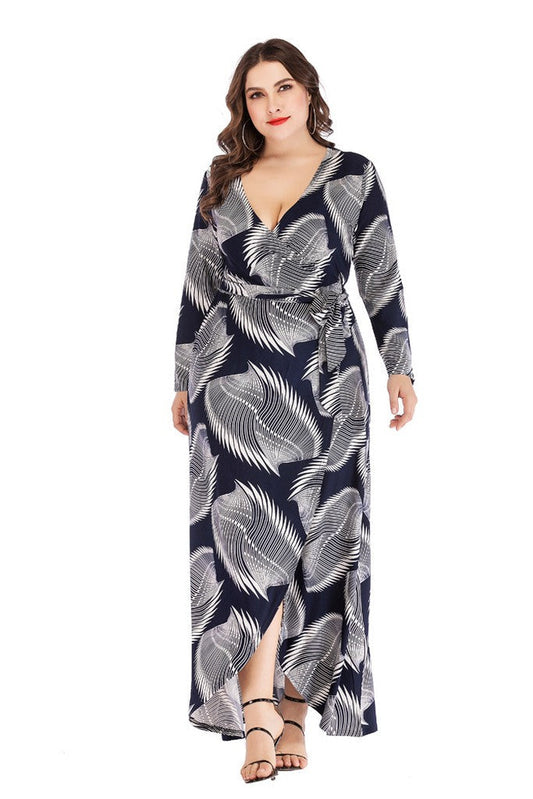 Blue & White Day Bodycon V-neck Long Sleeve Tea Printed Dress