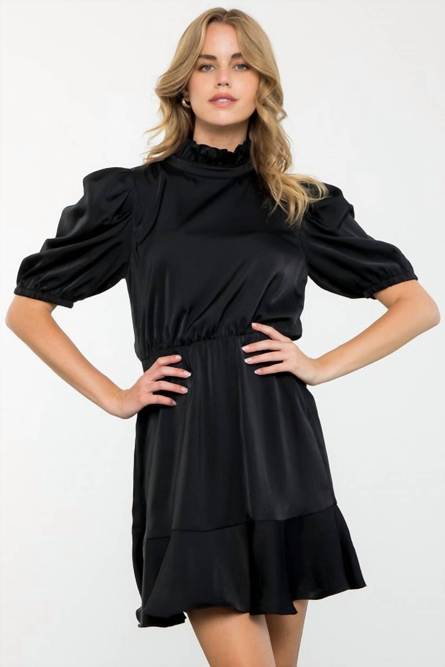 Satin Ruffle Hem Dress In Black