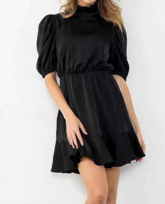 Satin Ruffle Hem Dress In Black