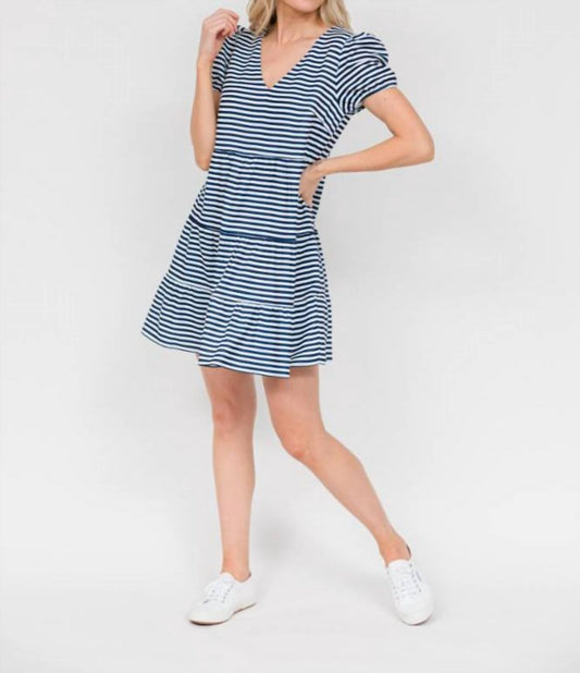 Short Sleeve Tiered Dress In Navy/white