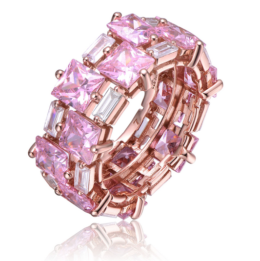 GV Sterling Silver 18k Rose Gold Plated with Pink Ice & Cubic Zirconia Chunky Double Row Eternity Band Ring