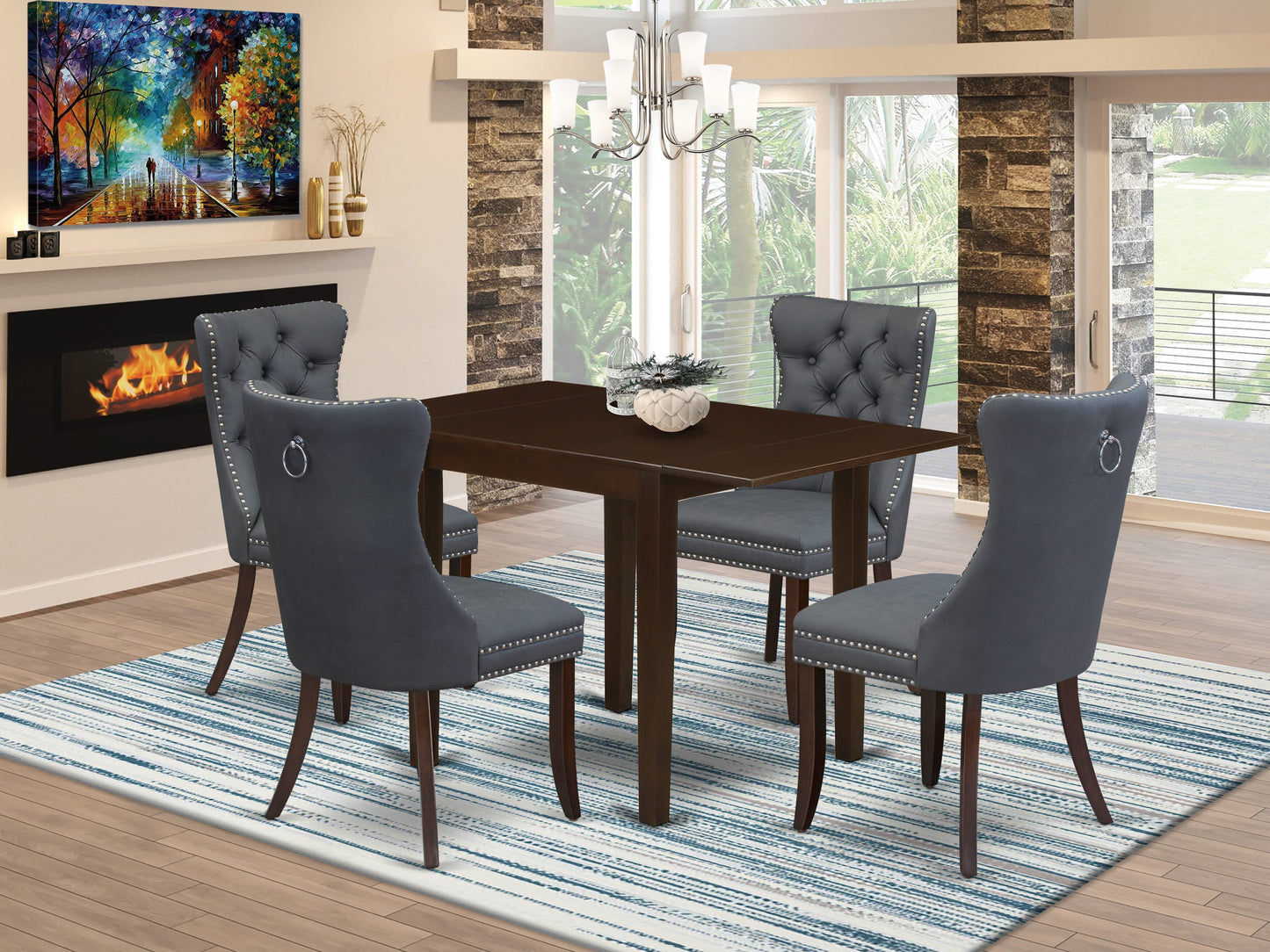 East West Furniture NDDA5-MAH-13 5 Piece Kitchen Set Consists of a Rectangle Dining Table with Dropleaf and 4 Upholstered Parson Chairs, 30x48 Inch, Mahogany