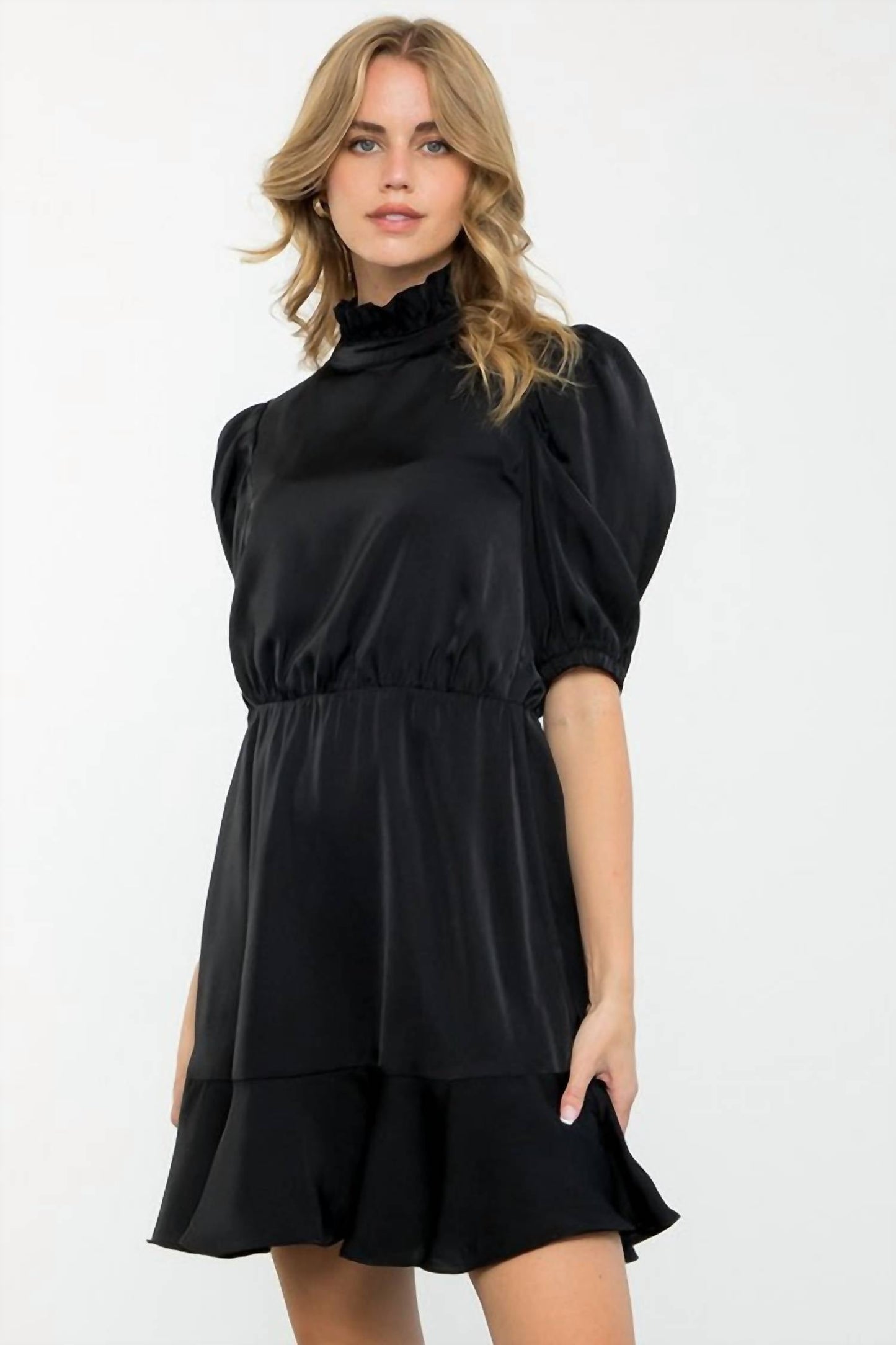 Satin Ruffle Hem Dress In Black