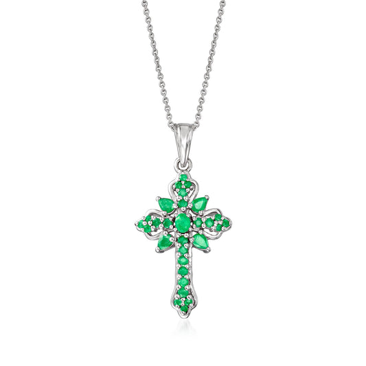 Ross-Simons Emerald Cross Pendant Necklace in Sterling Silver