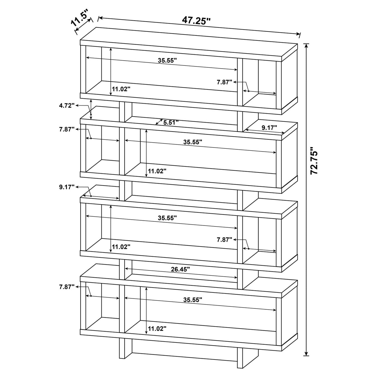 Reid White 4-Tier Open Back Bookcase