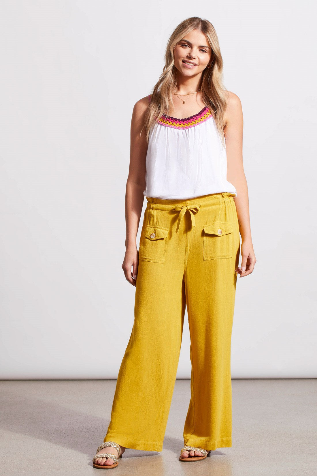 PULL-ON LINEN BLEND PAPERBAG CROP PANTS-Limoncello