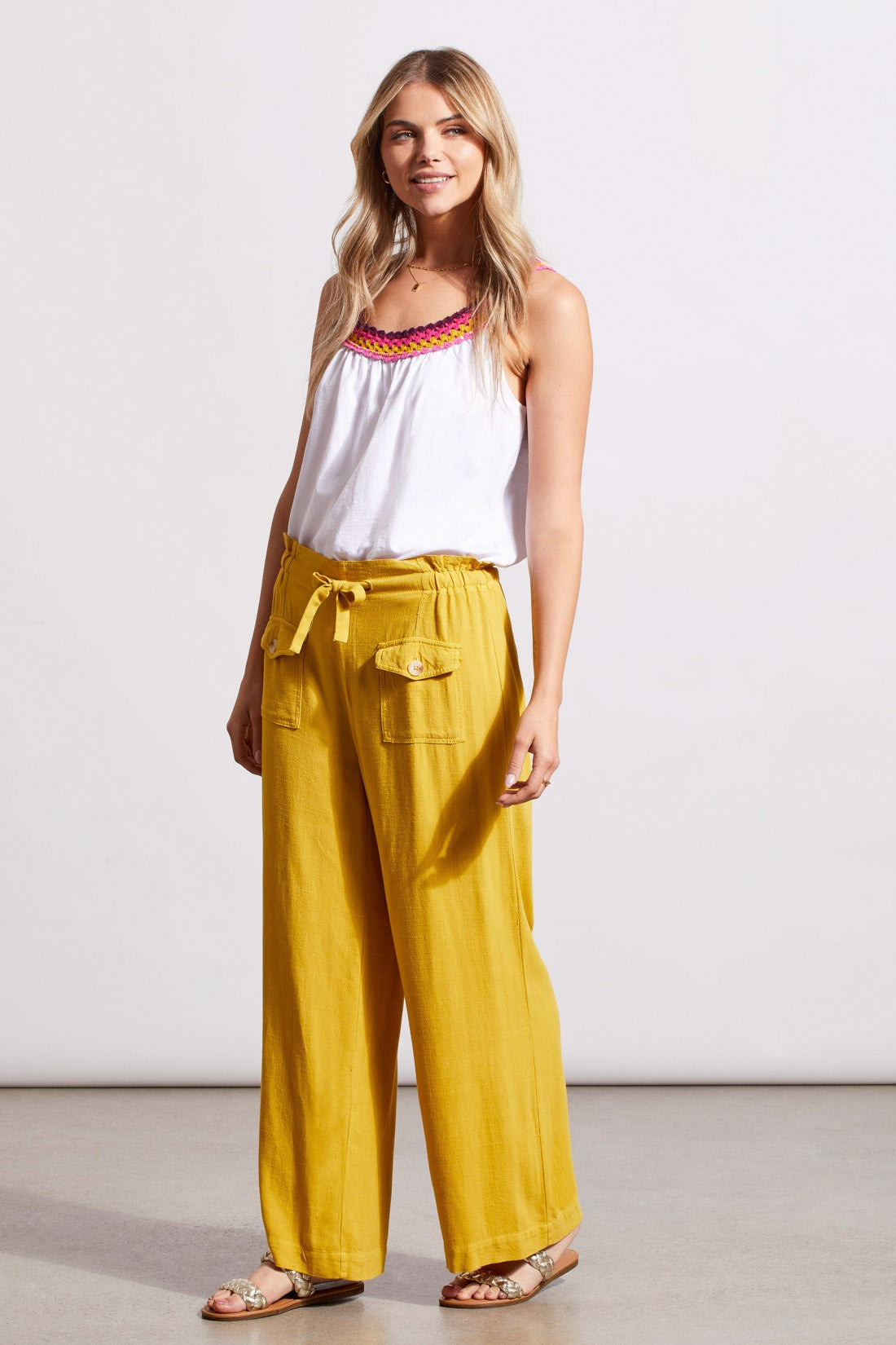 PULL-ON LINEN BLEND PAPERBAG CROP PANTS-Limoncello